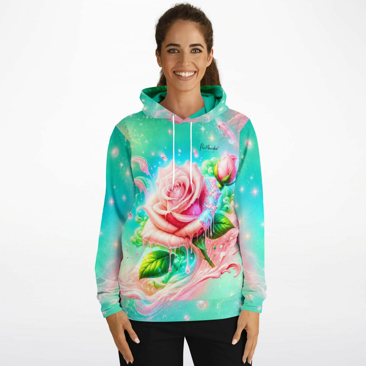 Frau trägt Dreamer Hoodie in Candy Rose Design mit magischem Rosen-Motiv in bunten Pastellfarben und Glitzer-Optik