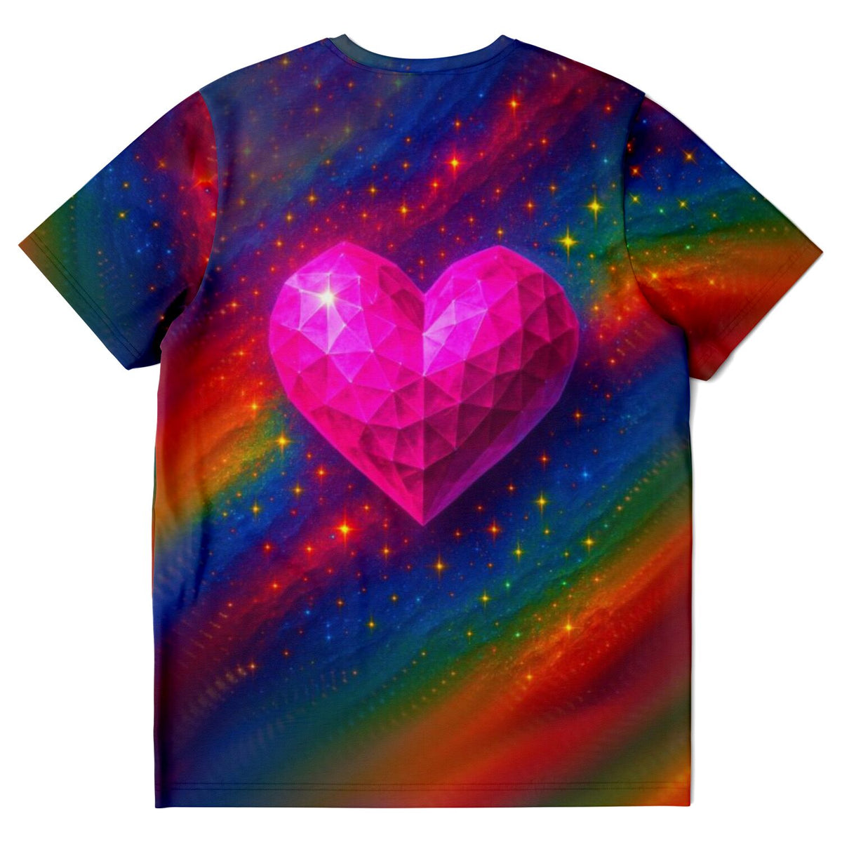 T-Shirt mit buntem Galaxy-Hintergrund und leuchtendem, facettiertem pinken Kristall-Herz im Diamond Painting Design