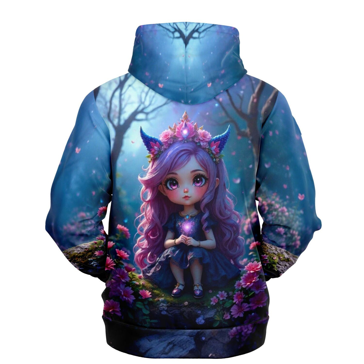 Dreamer Hoodie Little Violett mit Fantasy-Motiv Mädchen im Blumenwald, hochwertiger AOP-Druck für Fans von Kreativ-Designs