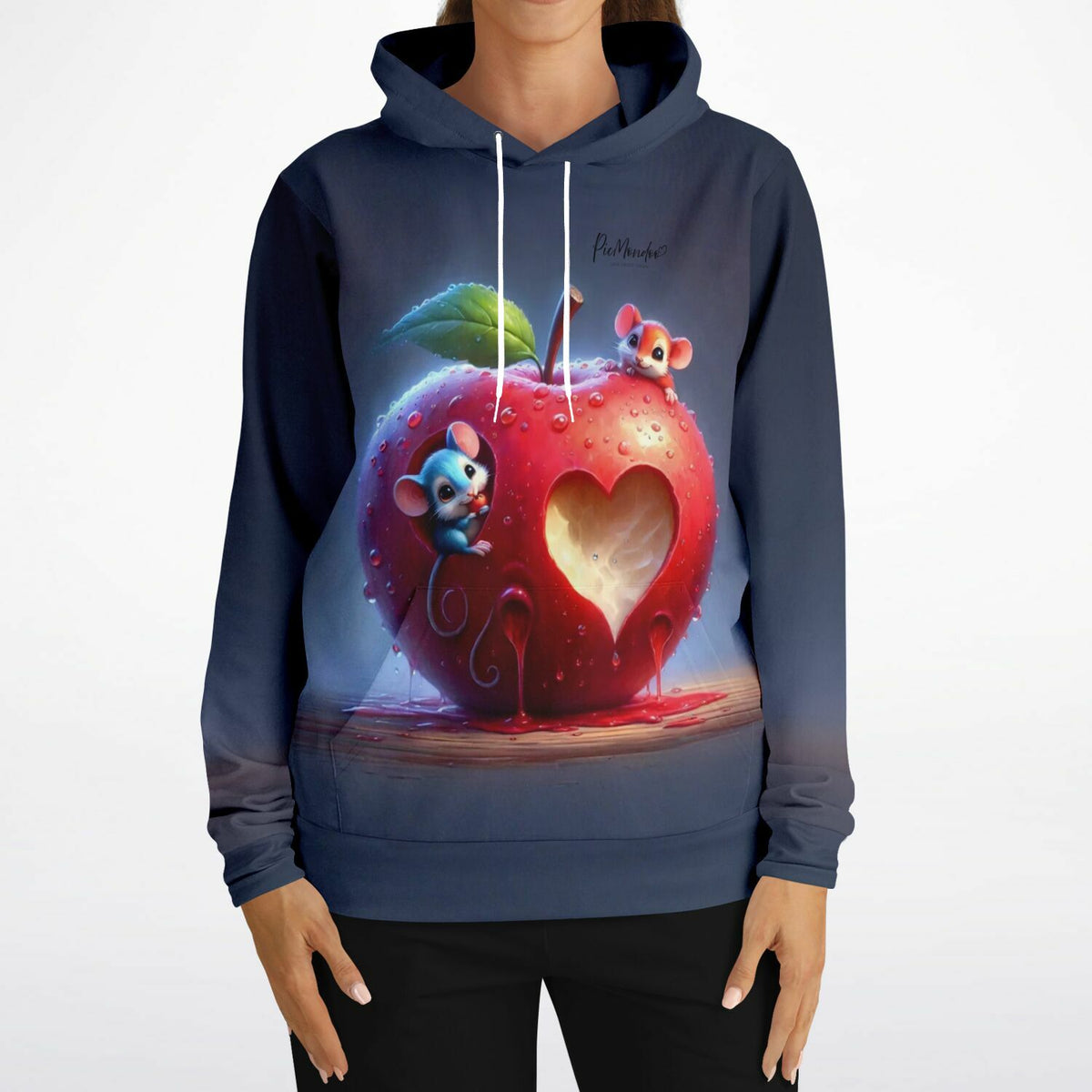 Dunkelblauer Dreamer Hoodie mit Mäusen und herzförmigem Apfel-Motiv passend zu unseren Diamond Painting Kunstwerken