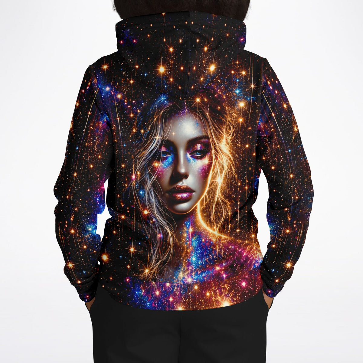 Dreamer Hoodie Elara mit galaktischem Frauenporträt im All-Over-Print Design wie bei Diamond Painting Kunstwerken