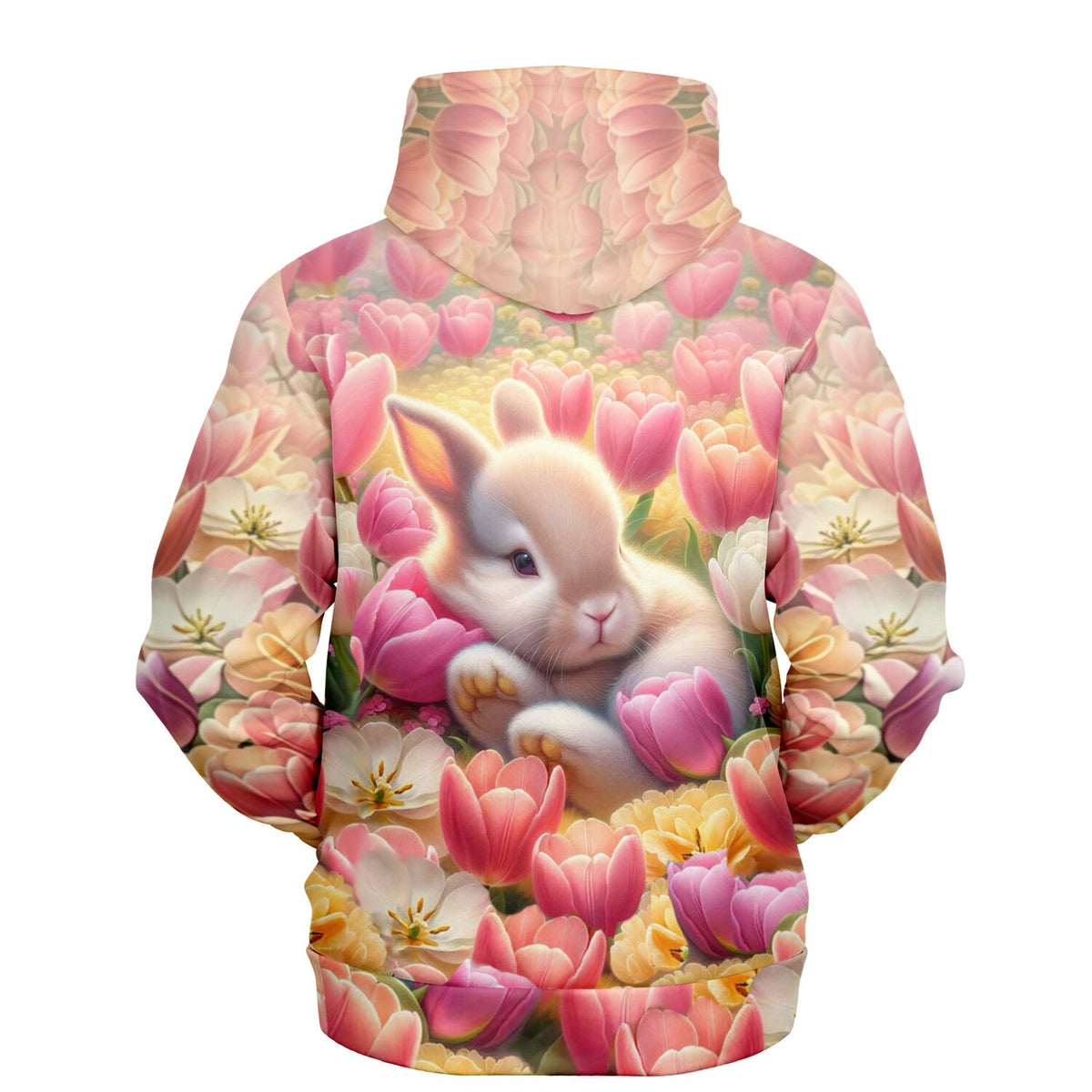 Dreamer Hoodie mit niedlichem Osterhäschen inmitten eines farbenfrohen Tulpenmeeres, ideal für Fans von Malen nach Zahlen