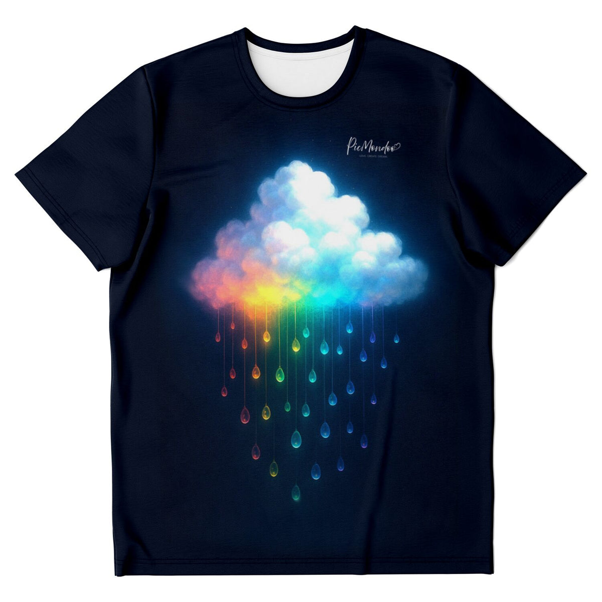 Schwarzes Dreamer T-Shirt mit leuchtender Regenbogenwolke und bunten Regentropfen im kreativen picmundoo.comsign