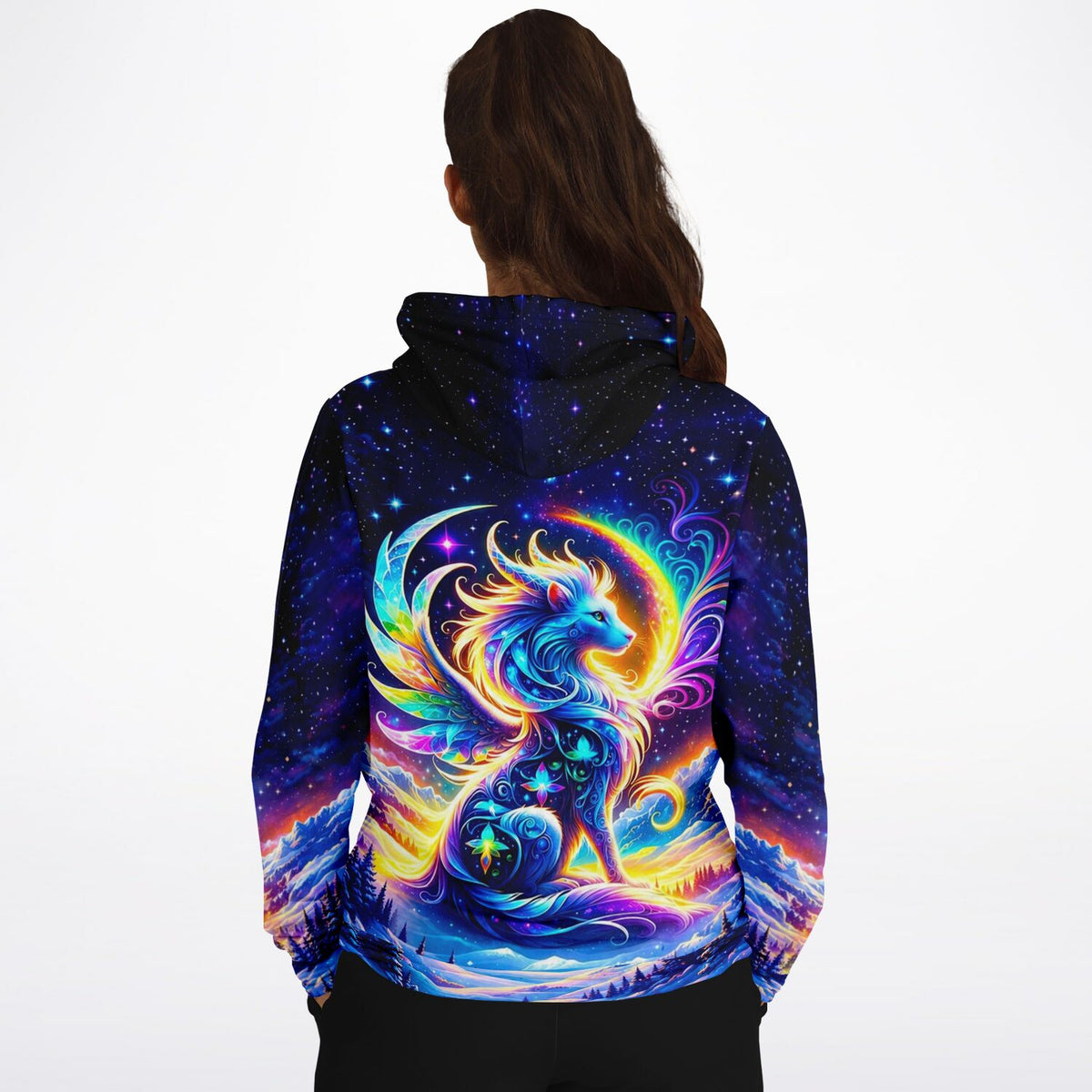 Dreamer Hoodie mit farbenfrohem Motiv eines geflügelten Löwen in einer Sternennacht, perfekt für Fans von Diamond Painting.