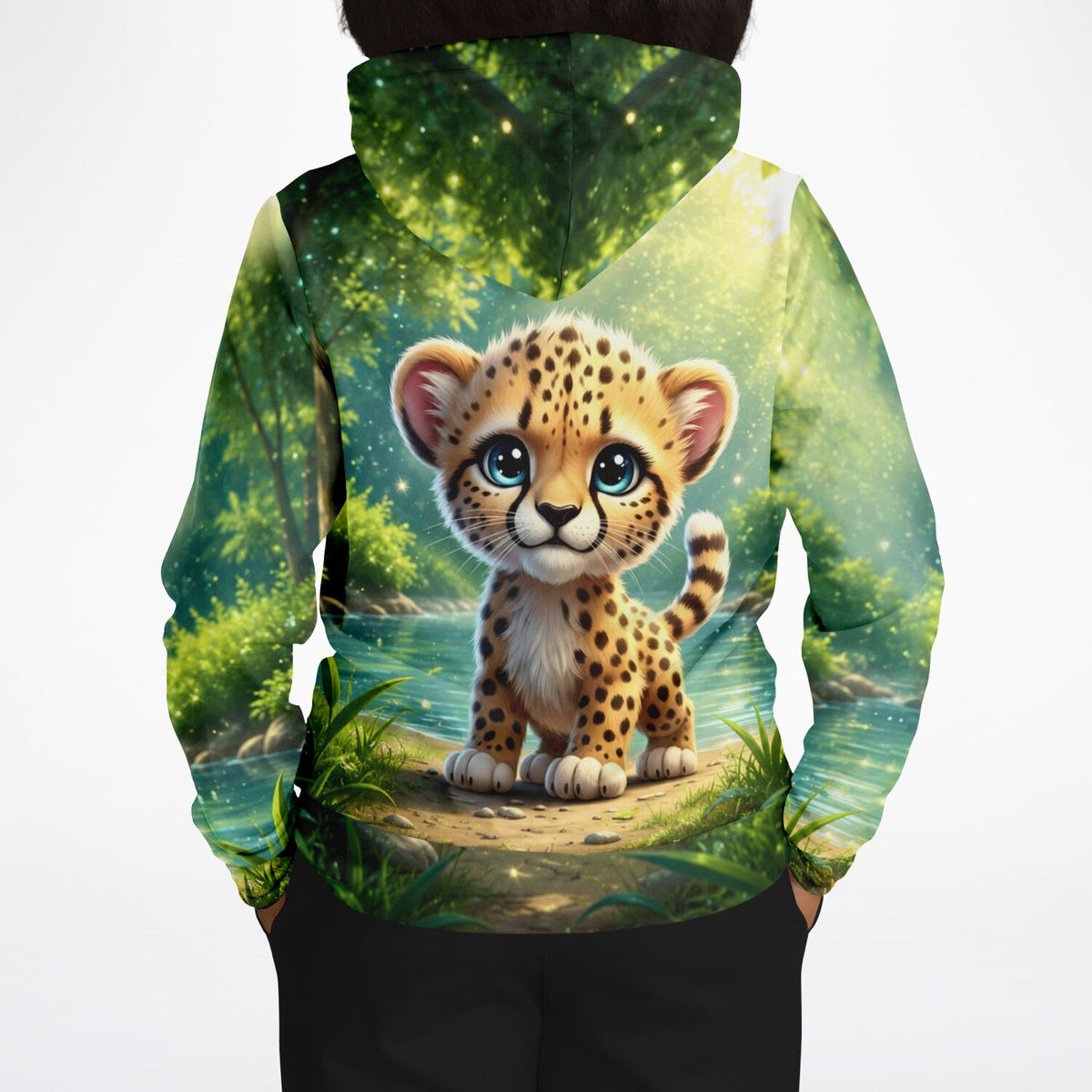 Hoodie mit süßem Geparden-Motiv in magischer Waldlandschaft, inspiriert von faszinierenden Diamond Painting Kunstwerken