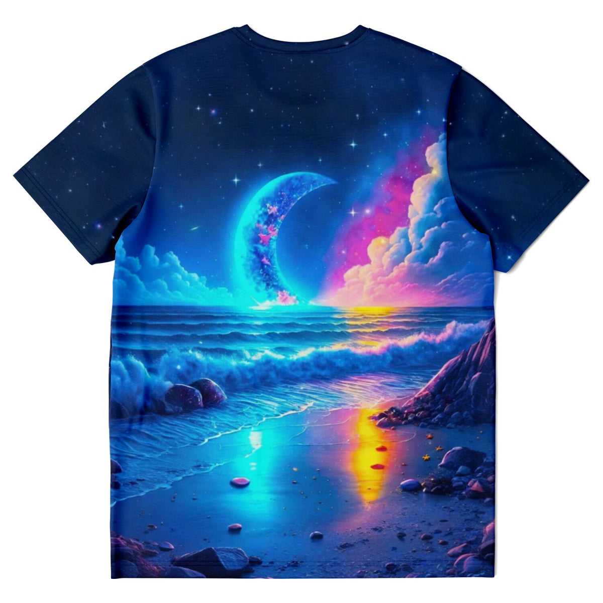T-Shirt mit verträumtem Mondschein-Motiv am Strand, farbenfroher Nachthimmel im Stil von Diamond Painting Kunstwerken.