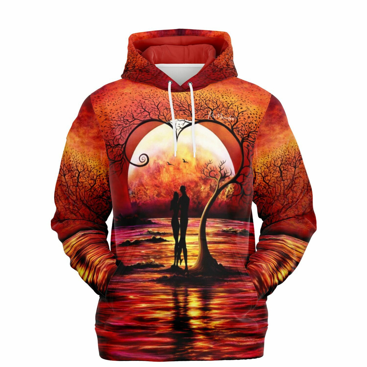 Dreamer Hoodie Baum der Liebe mit romantischem Pärchen-Motiv in leuchtenden Sonnenuntergang-Farben für Kreativ-Fans