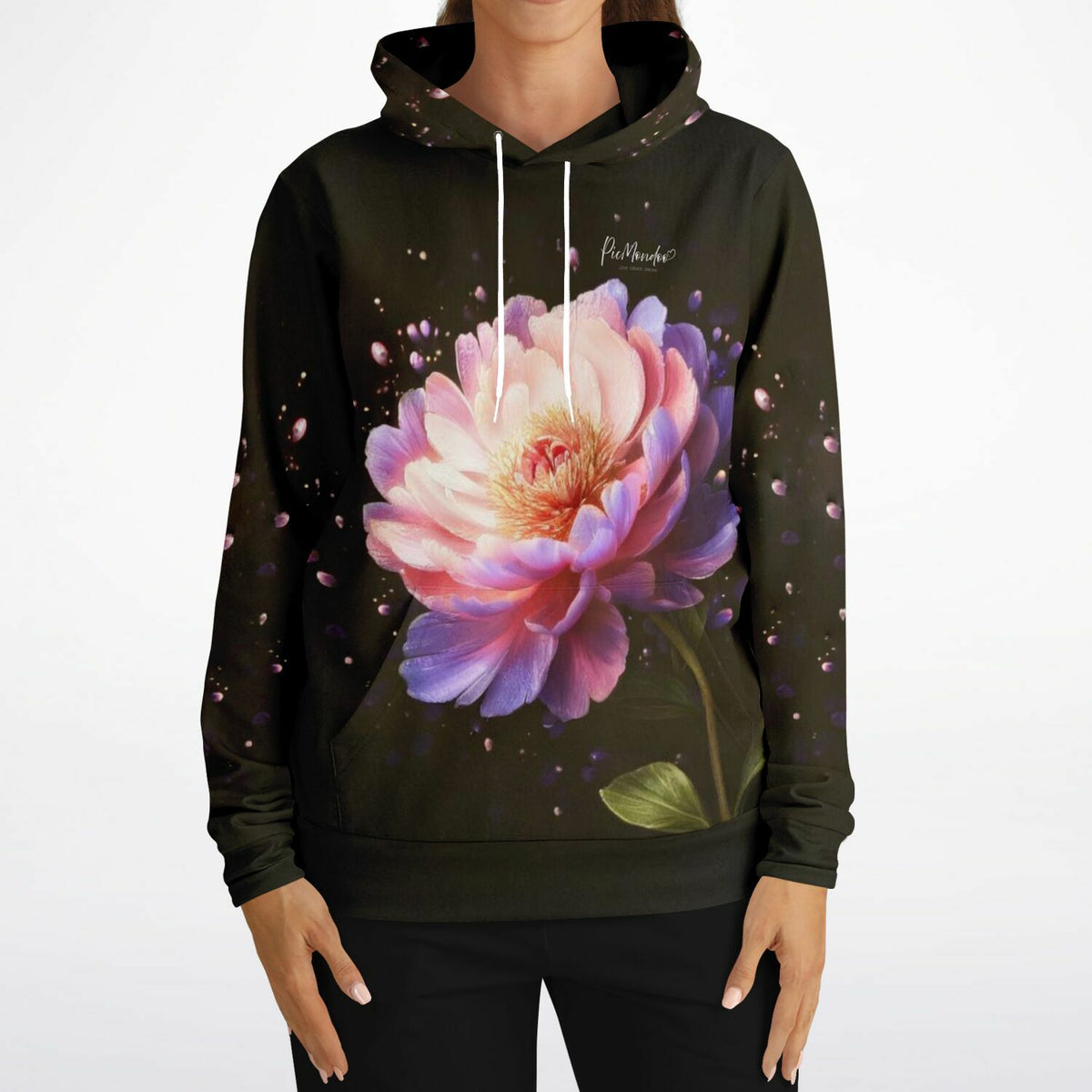 Schwarzer Dreamer Hoodie mit romantischem Pfingstrosen-Motiv, kunstvollem Blumen-Print und glitzernden Details