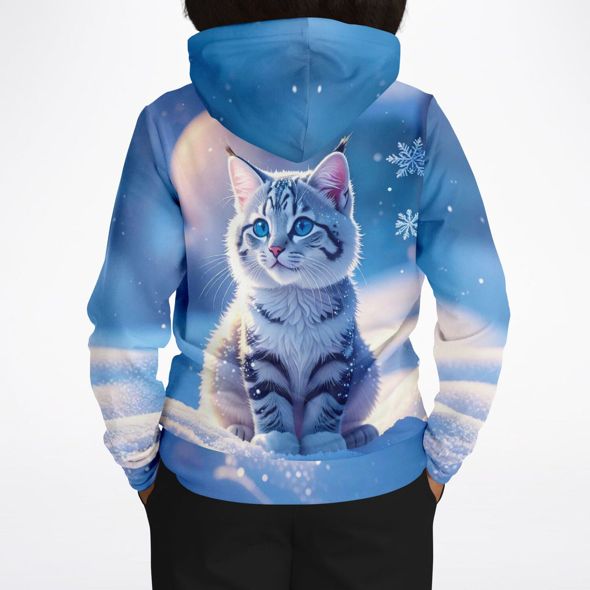 Hoodie mit Schneegeist Katzen-Motiv, perfekt für Fans von Diamond Painting und Malen nach Zahlen mit winterlichem Design.