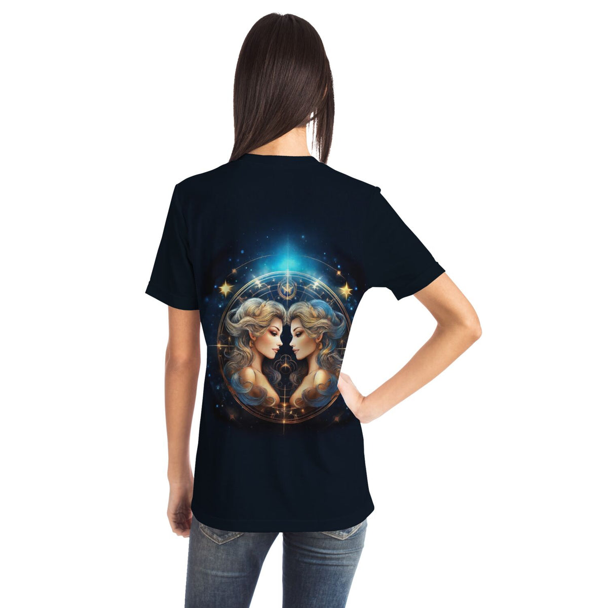 Schwarzes T-Shirt mit kunstvollem Sternzeichen Zwilling Motiv im Stil eines Diamond Painting oder Malen nach Zahlen