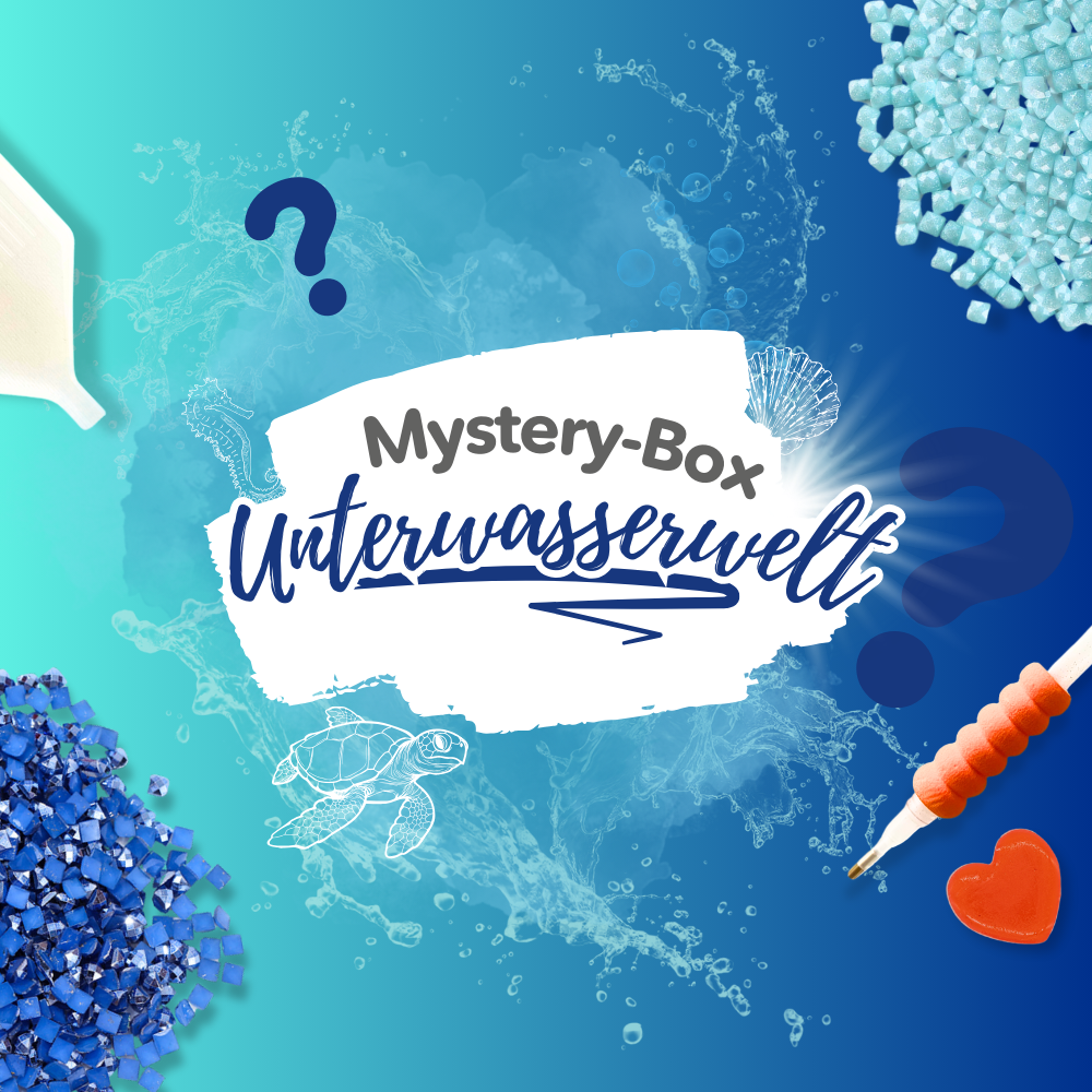 Diamond Painting Mystery-Box Unterwasserwelt mit Zubehör wie Glitzersteinen, Stift und Schildkröten-Motiv