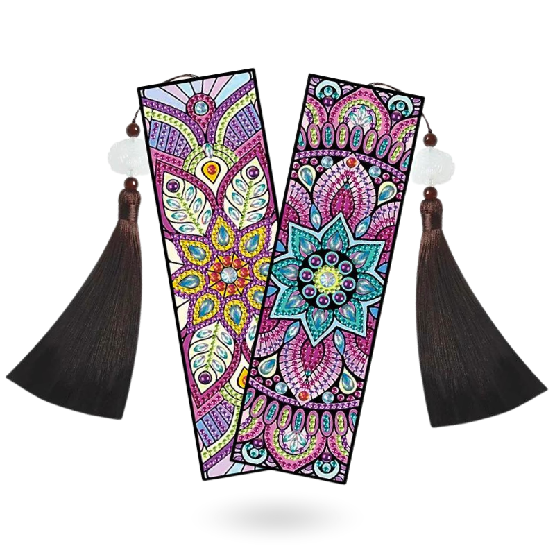 2er Set Diamond Painting Lesezeichen mit buntem Mandala und Blumen Design inklusive Quasten
