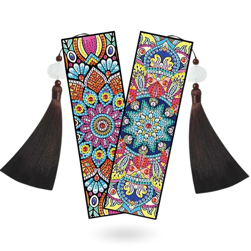 Diamond Painting Lesezeichen 2er-Set mit buntem Mandala-Blumen-Muster und eleganten Quasten für DIY-Fans