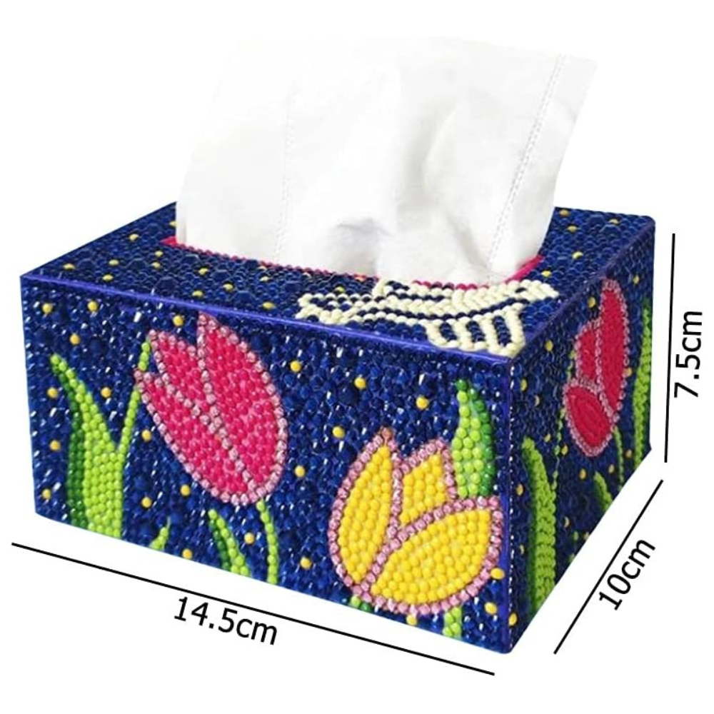 Diamond Painting Taschentücherbox mit buntem Tulpen-Motiv und glitzernden runden Strasssteinen als DIY-Zubehör