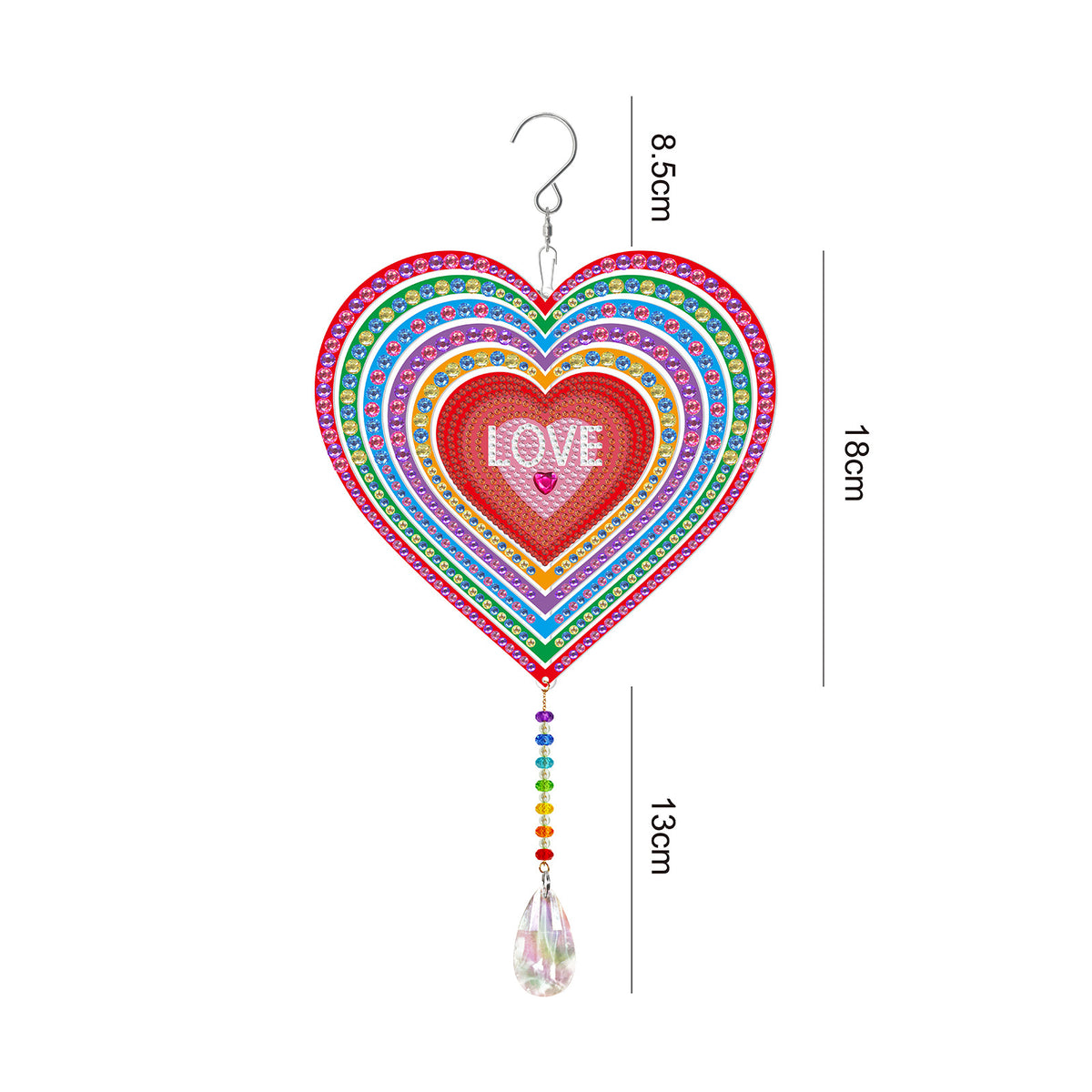 Herz Diamond Painting Aufhänger mit buntem Strassstein-Design, LOVE Schriftzug und Kristall-Anhänger als Deko.
