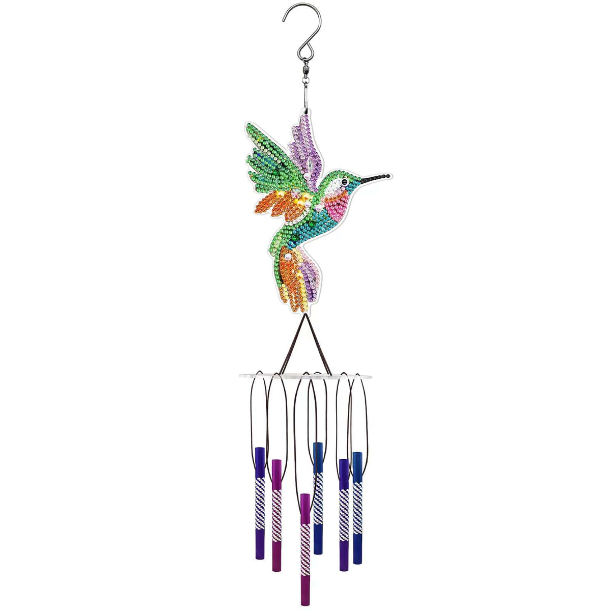 Mit bunten Steinchen verziertes Kolibri-Windspiel als Diamond Painting Set für eine kreative Deko.
