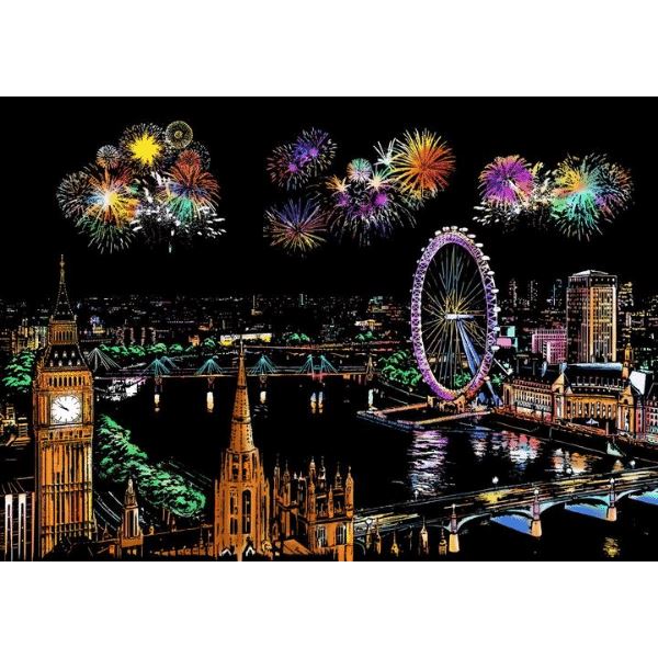 Scratch Painting Set mit buntem London Skyline Motiv, Big Ben, London Eye und farbenfrohem Feuerwerk auf schwarzem Grund.