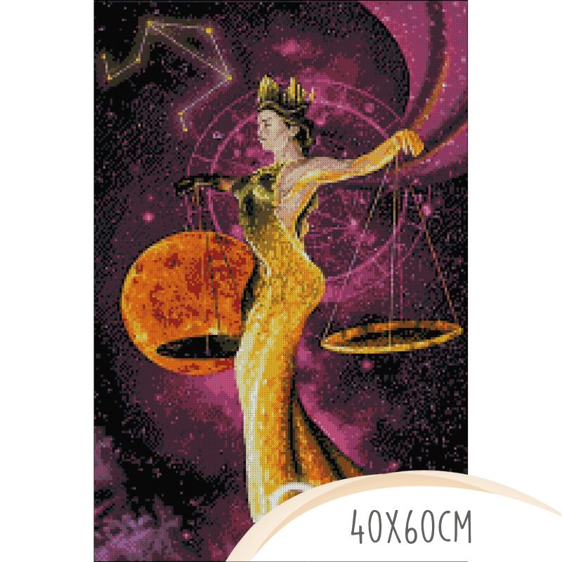 Diamond Painting Set Sternzeichen Waage als leuchtendes Kunstwerk im Format 40x60cm mit funkelnden Steinen