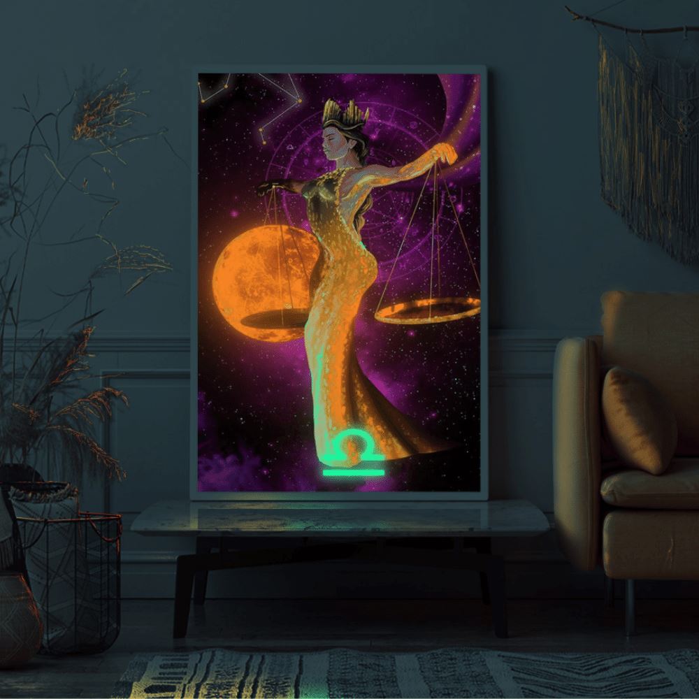 Leuchtendes Diamond Painting Sternzeichen Waage mit glitzernden Steinen als kunstvolles 40x60cm Wandbild