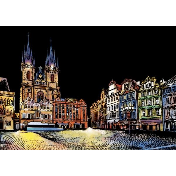 Scratch Painting Set mit buntem Prager Altstädter Ring als kreatives DIY-Kunstwerk für Erwachsene