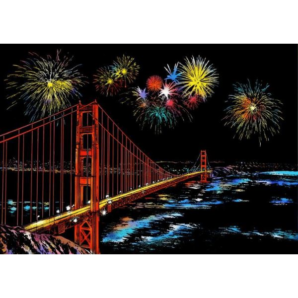 Scratch Painting Set Golden Gate Bridge bei Nacht mit buntem Feuerwerk als kreatives DIY Kunstwerk