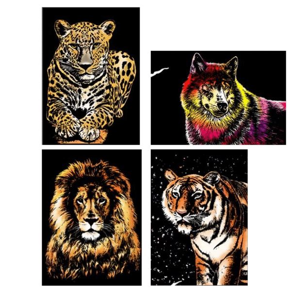 Scratch Painting XL 4er Set mit bunten Raubkatzen Motiven: Leopard, Wolf, Löwe und Tiger für DIY-Kunstprojekte.