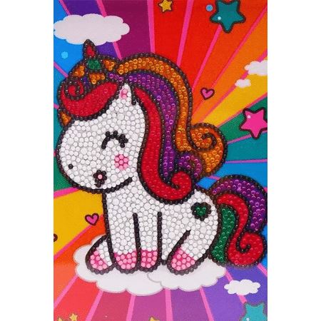 Buntes Diamond Painting Einhorn im Regenbogenland mit glitzernden Steinen auf Leinwand für Kinder