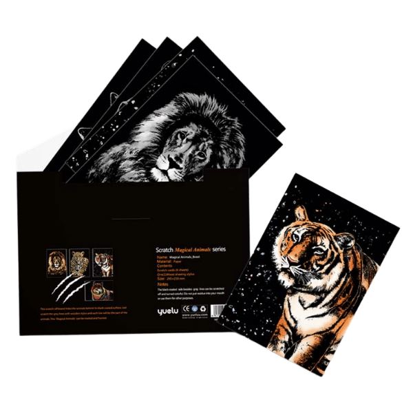 Scratch Painting Set mit Tiermotiven wie Löwe und Tiger zum kreativen Freikratzen für DIY-Fans