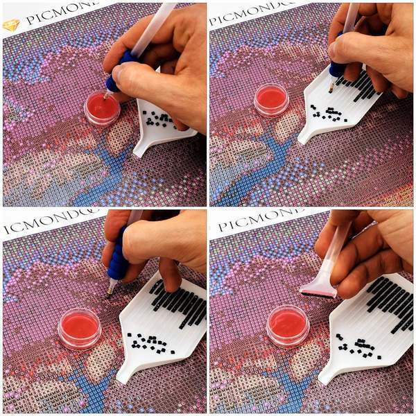 Diamond Painting Set mit Dino-Motiv: Hände setzen schwarze Diamanten mit Stift auf die bedruckte Klebeleinwand.