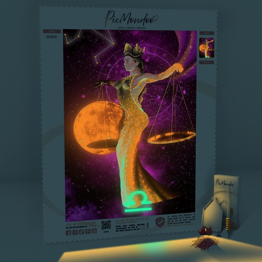 Diamond Painting Set Sternzeichen Waage als leuchtendes Kunstwerk mit glitzernden Steinen auf schwarzem Hintergrund.