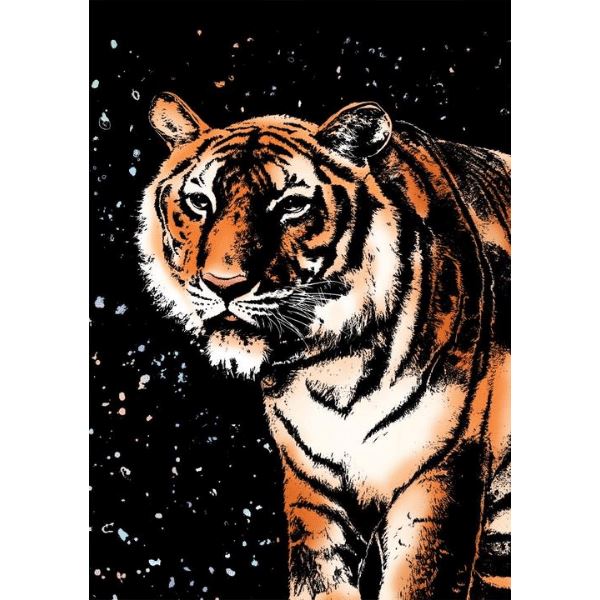 Scratch Painting Set mit Tiger Motiv: detaillierte Raubkatze auf schwarzem Hintergrund für kreatives DIY-Basteln
