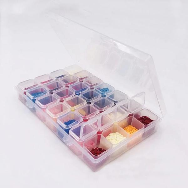 Transparente Diamond Painting Aufbewahrungsbox mit 28 Fächern für sortierte Glitzersteine und kreatives Zubehör