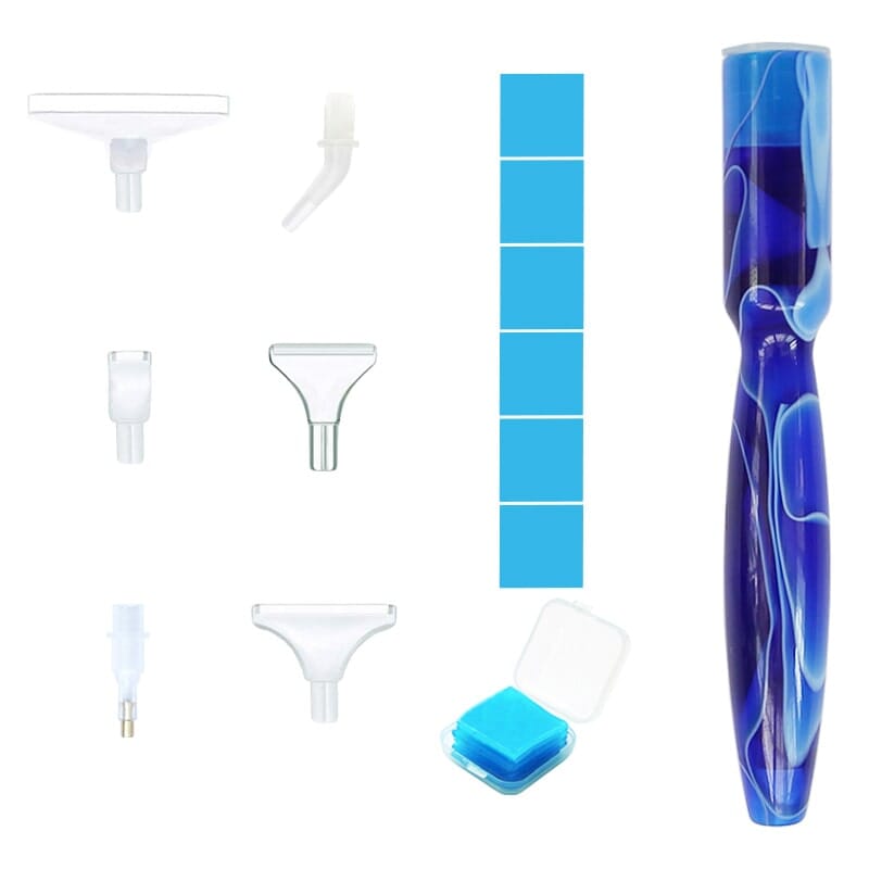 Ergonomischer Diamond Painting Stift im blauen Marmor-Design mit Zubehör, Aufsätzen und Wachsbox für kreative Projekte