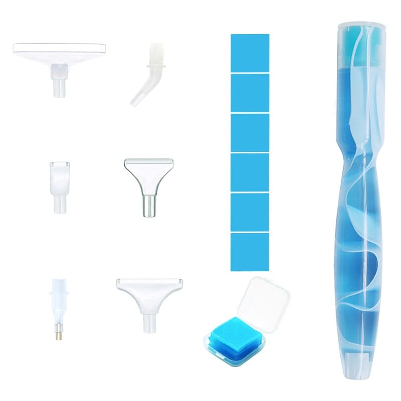 Ergonomischer Diamond Painting Stift im blauen Lava-Design mit verschiedenen Aufsätzen und Wachsbox als Zubehör