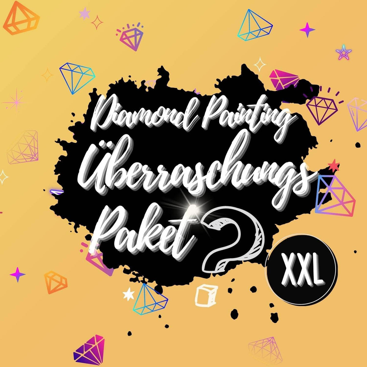 XXL Diamond Painting Überraschungspaket mit drei kreativen Motiven auf gelbem Hintergrund und dekorativen Diamond Icons