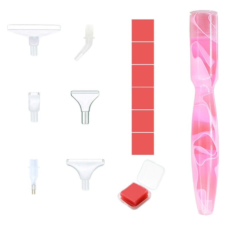 Ergonomischer Diamond Painting Stift im rosa Marmor-Design mit verschiedenen Aufsätzen, Wachsplättchen und Zubehör-Box.