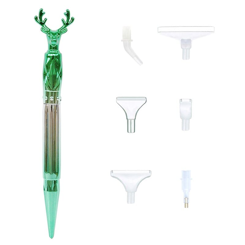 Grüner Diamond Painting Stift im Hirsch-Design mit verschiedenen Aufsätzen als Zubehör für Diamanten Painting Sets