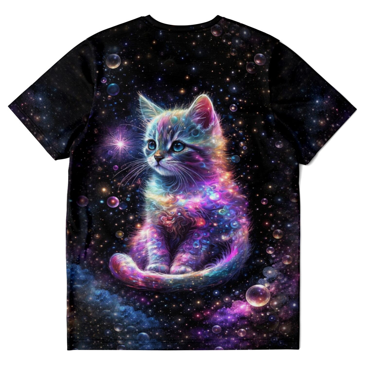 Schwarzes T-Shirt mit buntem Kätzchen im Weltraum-Design: Perfekt für Fans von Diamond Painting und Malen nach Zahlen