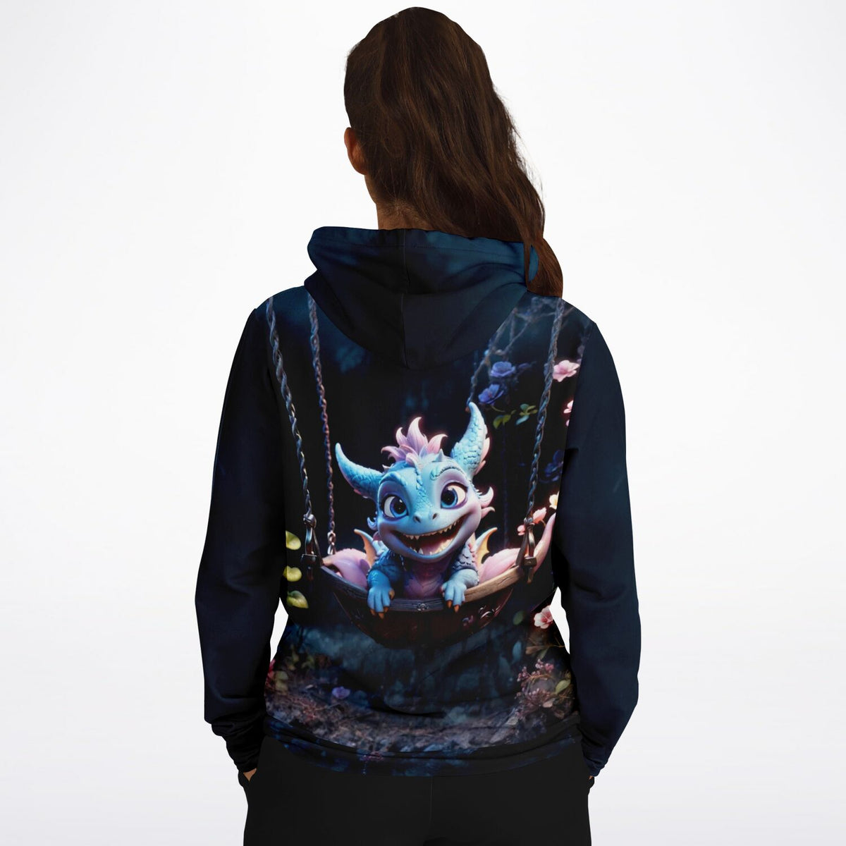 Hoodie mit blauem Drache Motiv auf der Schaukel, perfekt für Fans von Diamond Painting und Malen nach Zahlen