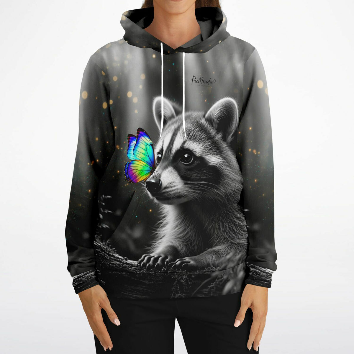 Dreamer Hoodie mit Waschbär-Motiv und buntem Schmetterling im Stile eines Diamond Painting Kunstwerks