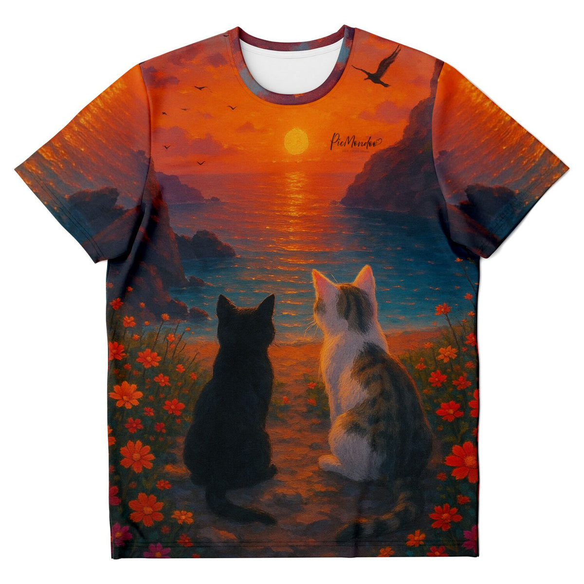T-Shirt mit zwei Katzen vor malerischem Sonnenuntergang am Meer – Motiv inspiriert von Diamond Painting und Malen nach Zahlen