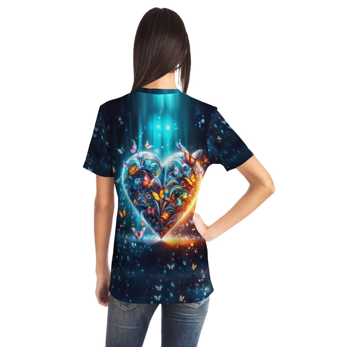 Damen T-Shirt mit leuchtendem Schmetterlingsherz-Motiv im Stil unserer Diamond Painting und Malen nach Zahlen Designs