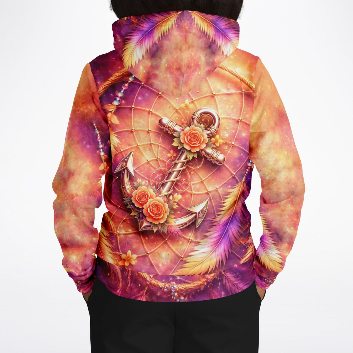 Dreamer Hoodie mit Anker, Rosen und Federn im sommerlichen Galaxy-Design, ideal für Diamond Painting und Kunst-Fans.