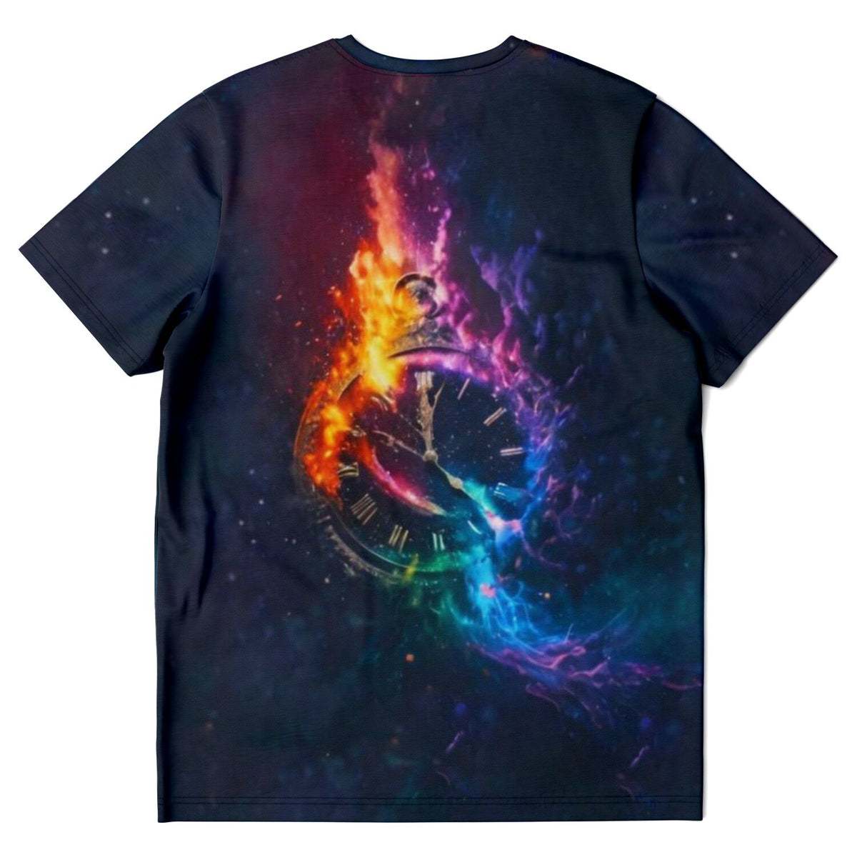 Schwarzes T-Shirt mit farbenfrohem Taschenuhr-Motiv, inspiriert von faszinierenden Diamond Painting Kunstwerken.