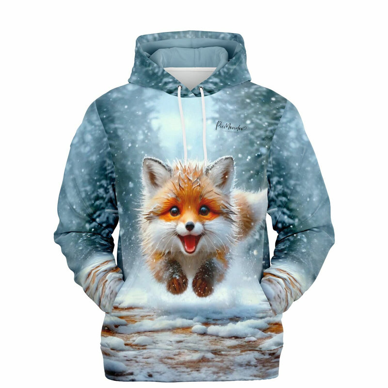 Dreamer Hoodie mit springendem Fuchs im Winterwald, ideal für Fans von Diamond Painting und Malen nach Zahlen Motiven.