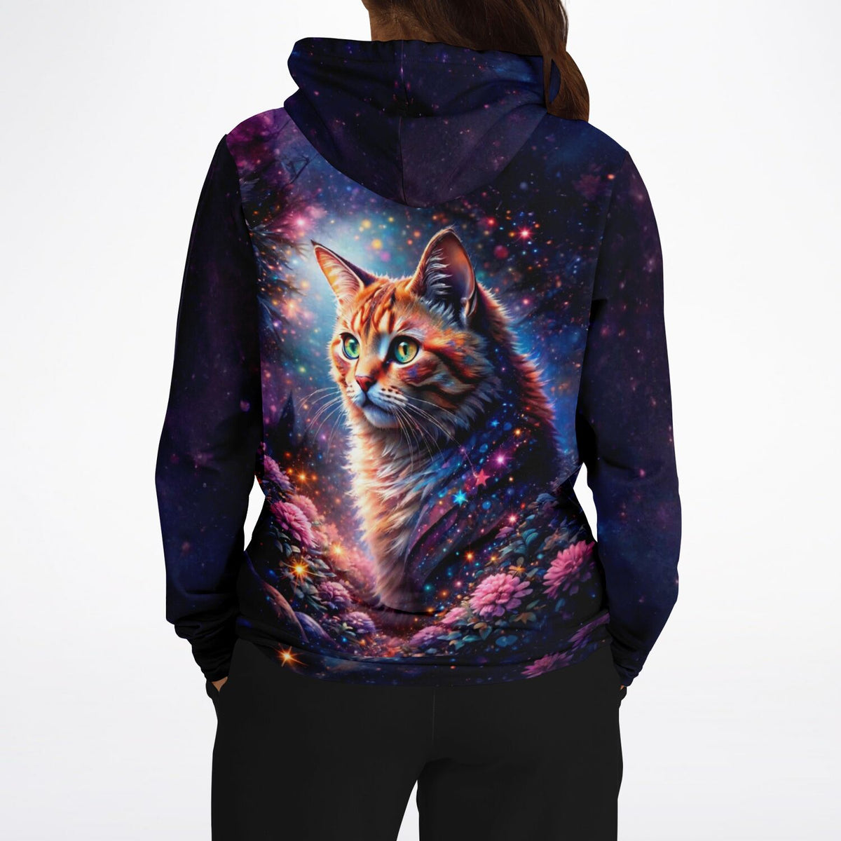 Dreamer Hoodie Sternenpfote mit kunstvoller Katzen-Illustration im Weltall-Design und bunten Blumen, ideal für Katzenfans.