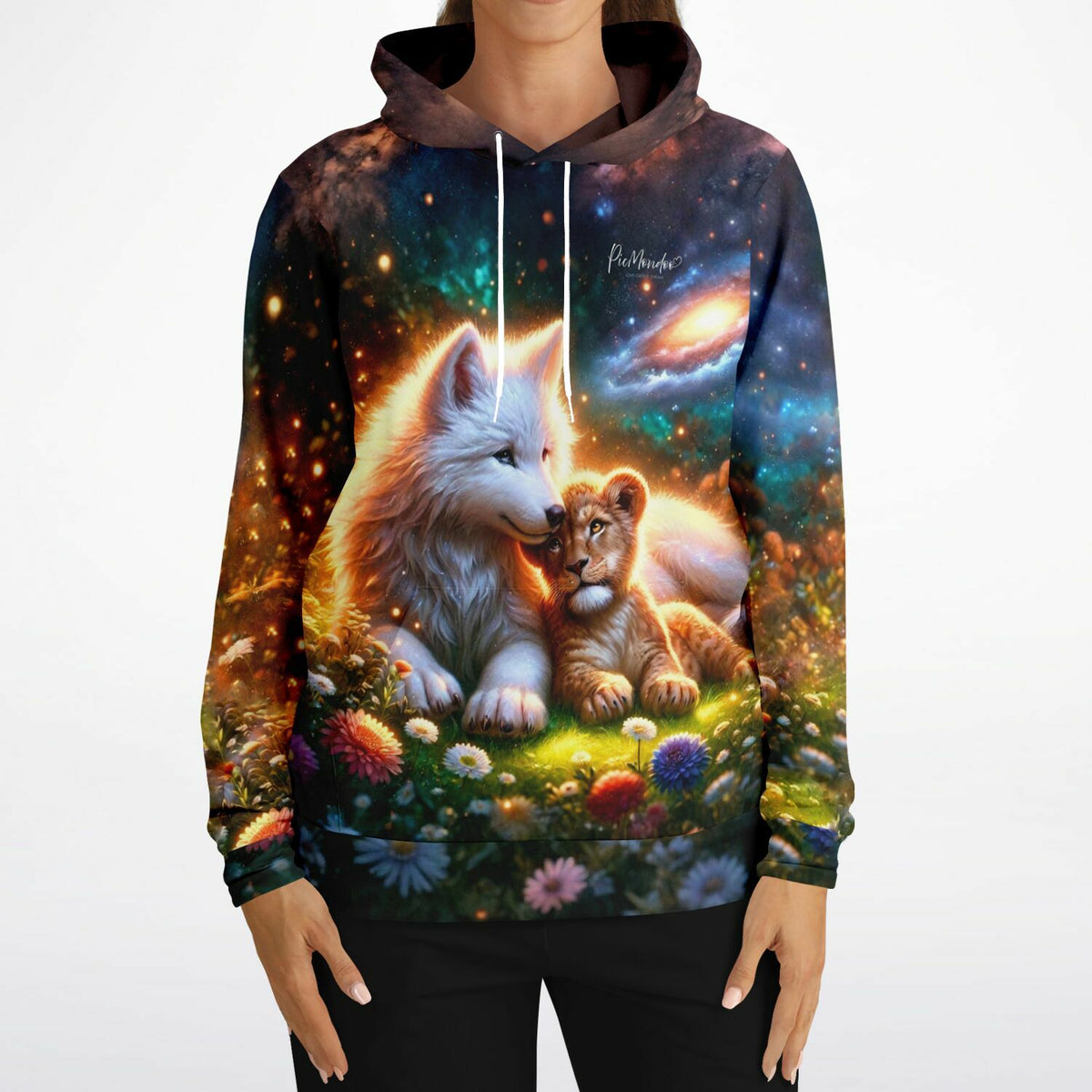 Dreamer Hoodie mit Wolf und Löwen Motiv im Galaxy-Design, passend zu hochwertigen Diamond Painting Sets von Picmondoo.