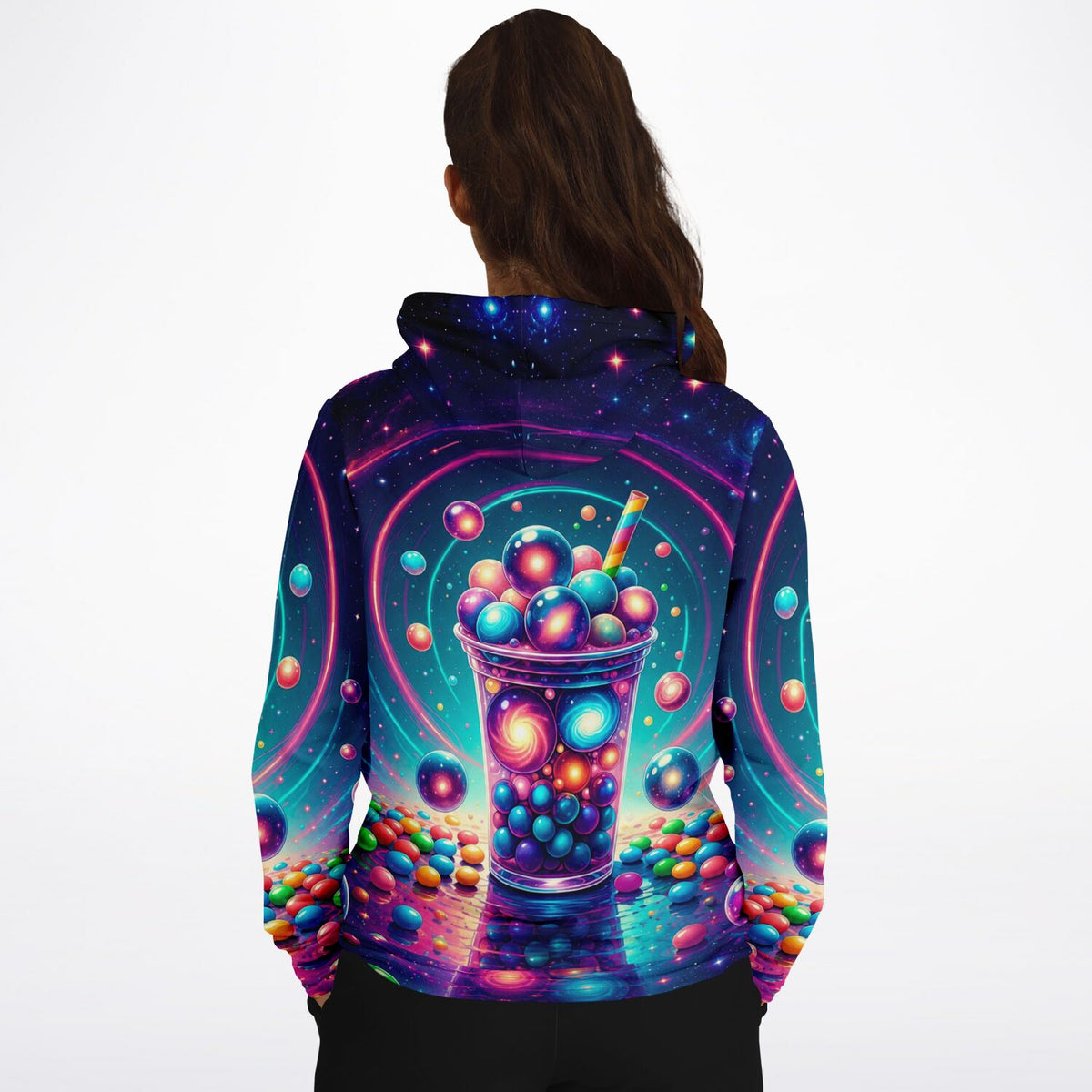 Dreamer Hoodie mit farbenfrohem Bubble Tea Universum Motiv als Ganzkörperdruck auf All-Over-Print Oberteil