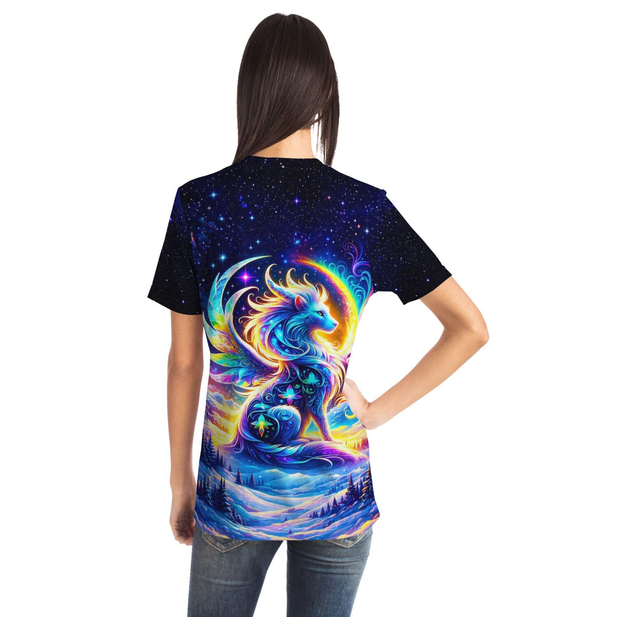 T-Shirt mit buntem Monja Hüterin der Berge Motiv, ideal als Kunstwerk für Fans von Diamond Painting und Malen nach Zahlen
