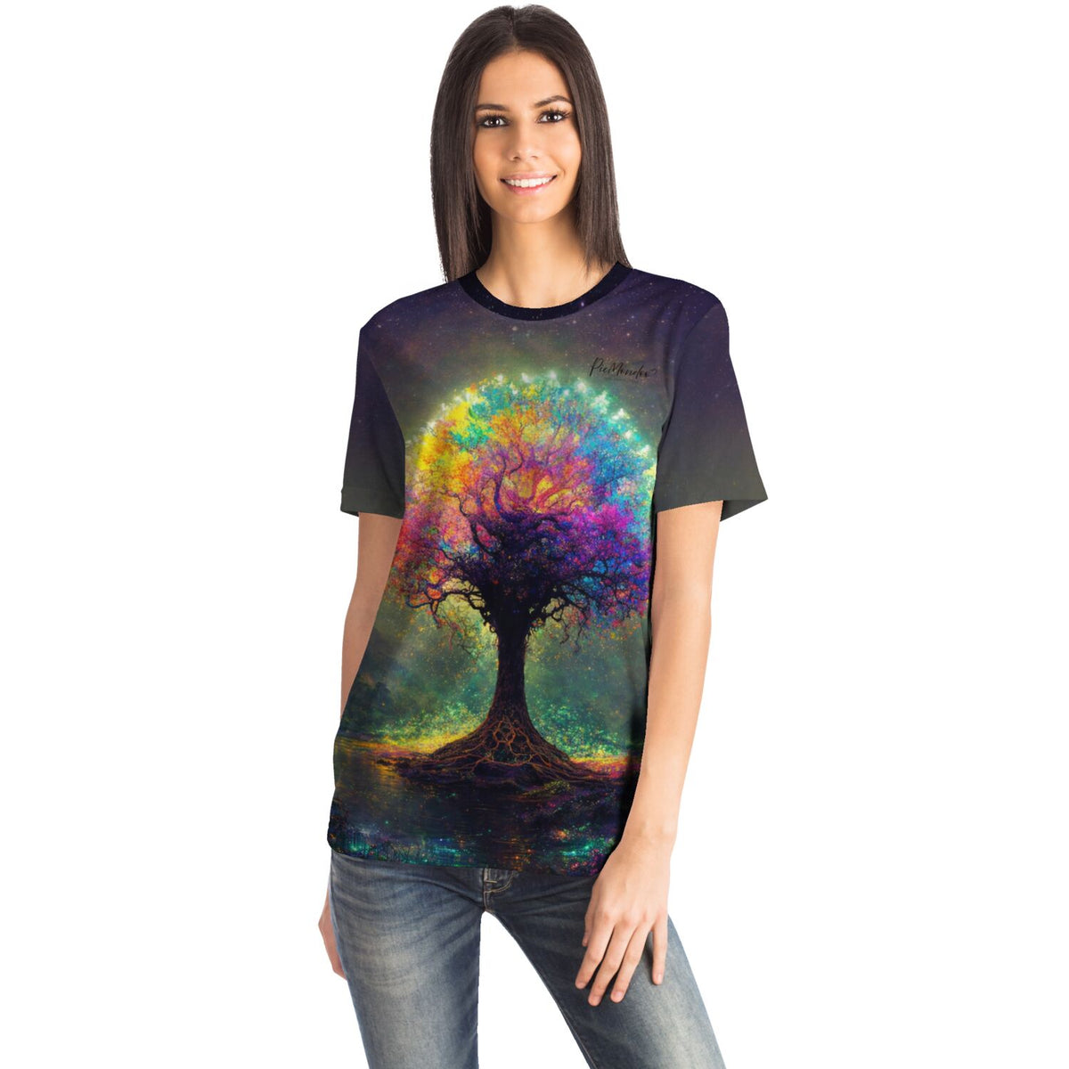 Frau trägt ein T-Shirt mit buntem Blitz-Baum Motiv im Stil beliebter Diamond Painting Kunstwerke von Picmondoo